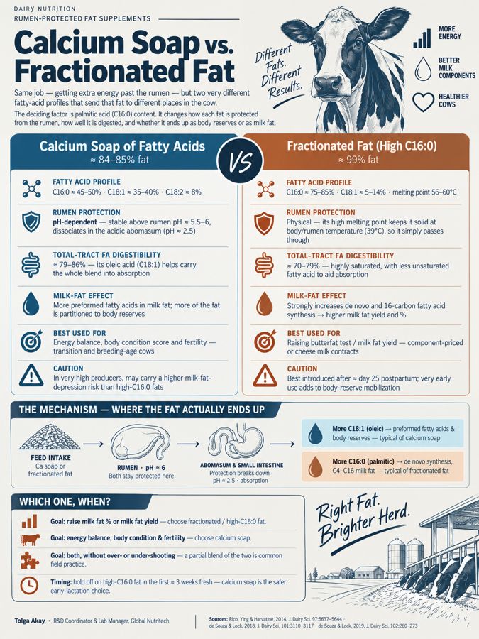 Infographic comparing calcium soap and fractionated high-C16:0 fat supplements