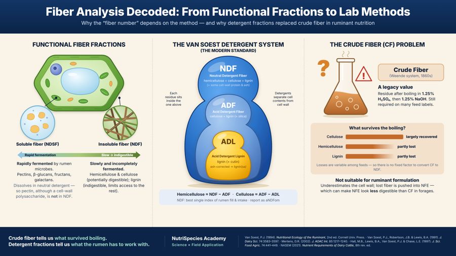 Infographic explaining functional fiber fractions, the Van Soest detergent system and crude fiber